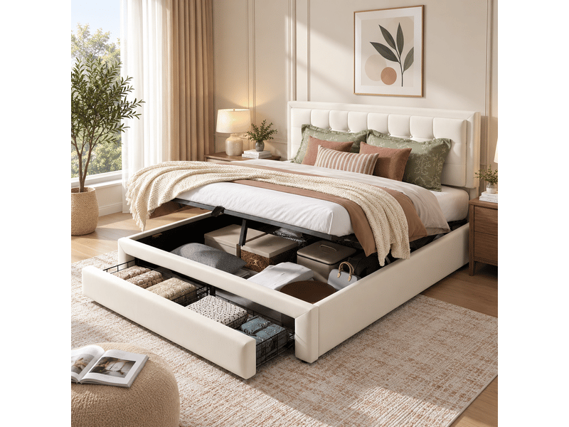  Lit coffre rembourré 140 x 200 cm, rangement hydraulique, 2 tiroirs, tête de lit, sommier à lattes en bois, velours, beige Bliss Lite - Conforama D