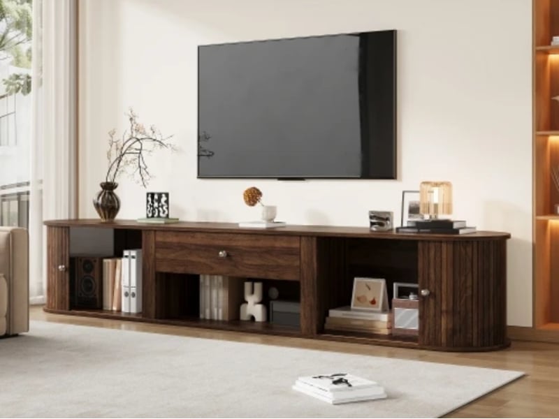  Meuble tv bas avec 2 portes coulissantes, 1 tiroir et angles arrondis, panneaux de particules, 180 × 40 × 40 cm, noyer  - Conforama B