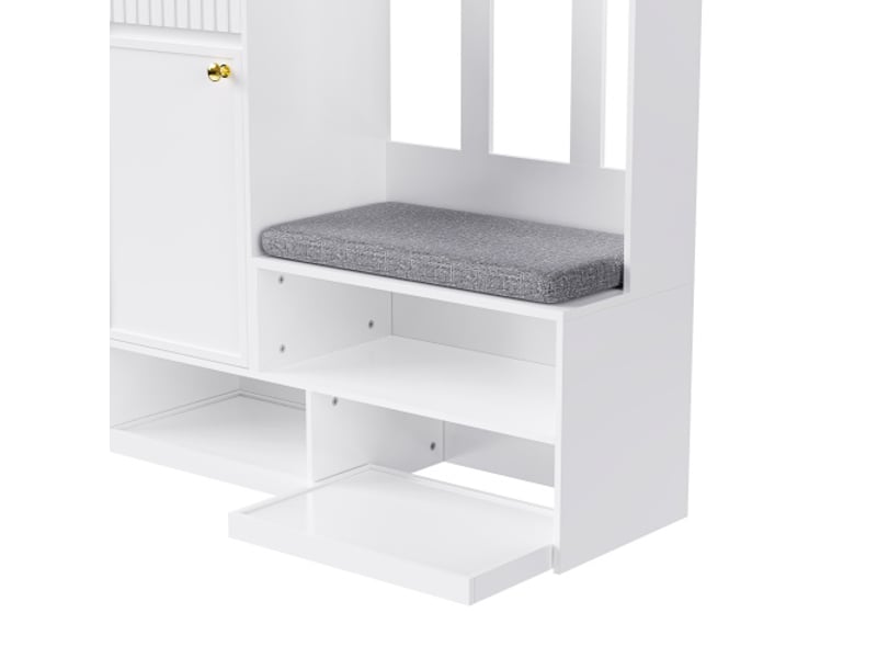  Garderobe d'entrée blanche avec banc – ensemble complet, 4 crochets, portes et tiroirs, 100×180×35 cm  - Conforama E