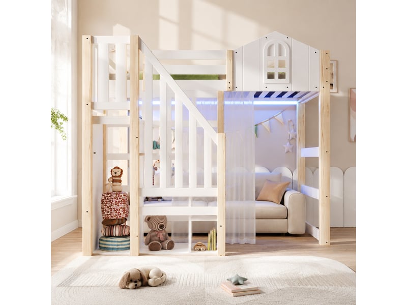  Lit mezzanine 90x200 cm led et échelle de rangement en pin et mdf blanc et coloris naturel  - Conforama B