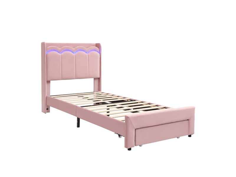  Lit enfant capitonné 90 x 200 cm, rose, avec tiroir au pied du lit, tête de lit ondulée, espace de rangement, éclairage led contrôlé par application et capacité de charge jusqu'à 220 kg  - Conforama D