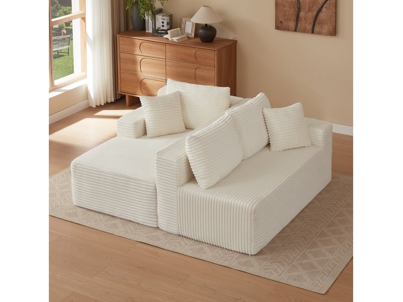 Canapé d'angle modulable 4 places avec chaise longue surdimensionnée et coussins amovibles en tissu blanc - Conforama D