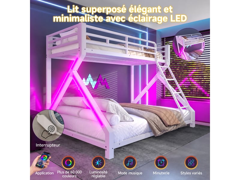  Lit superposé enfant en métal blanc avec led, couchages 90 x 200 et 140 x 200 cm, échelle et barrières, sans matelas  - Conforama D