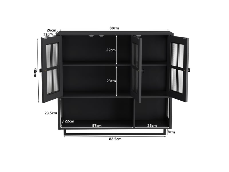  Armoire murale modèle bath 3 portes, noir, bois, rangement ouvert caché, porte vitrée, barre serviette  - Conforama C
