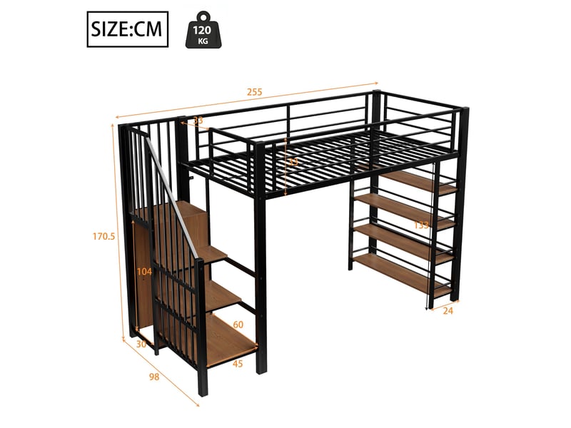  Lit mezzanine noir 90x200cm avec escalier rangement, armoire, bureau et étagères, gain de place, durable - fer - pour enfant ado  - Conforama E