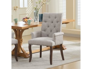 Chaise de salle à manger en chenille beige avec accoudoirs, dossier haut capitonné, pieds courbés en bois massif, assise rembourrée, style classique