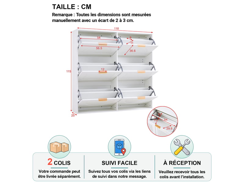 Meuble à chaussures avec 6 abattants et étagères réglables, rangement étroit pour entrée en mdf, 118×25×115 cm blanc - Conforama D