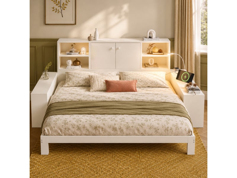 Lit coffre 90x200 cm, lit enfant, couchage d'appoint, coffre de rangement, couchage gigogne extensible, usb et usb-c, bois blanc - Conforama A