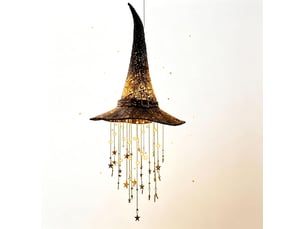 Pack de 2 décoration halloween suspendue, chapeau de sorcière lumineux led avec étoiles et carillon à vent pour porche, jardin et terrasse
