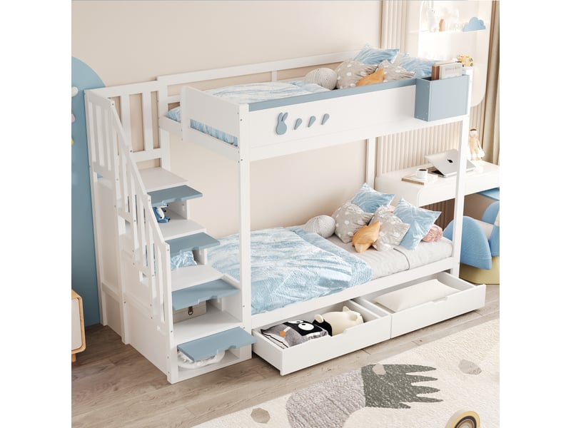  Lit superposé 90x200cm coloris bleu bois massif lit enfant bleu - Conforama E