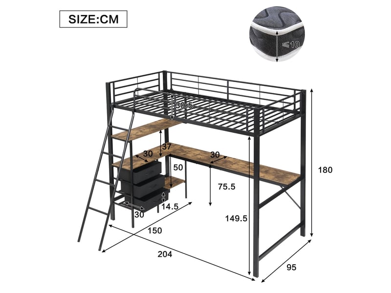  Lit superposé enfant 90x200, échelle sécurisée lit combine enfant, structure métal robuste, tiroirs coulissants, bureau 2 mètres  - Conforama C