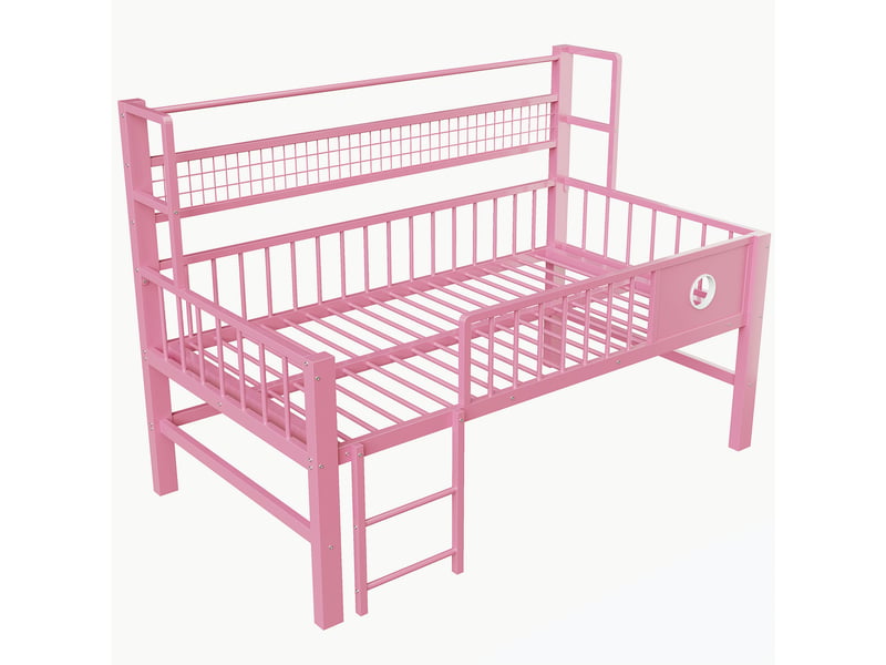  Lit mezzanine 90x200 cm avec sommier à lattes, cadre de lit adulte en métal, lit 1 personne, lit adulte, rose, lit simple  - Conforama R