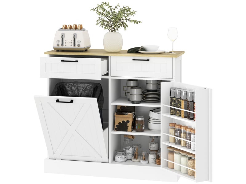  Buffet cuisine avec meuble poubelle 38l, meuble cuisine rangement, 2 tiroirs, étagère à épices et plan de travail, blanc  - Conforama B