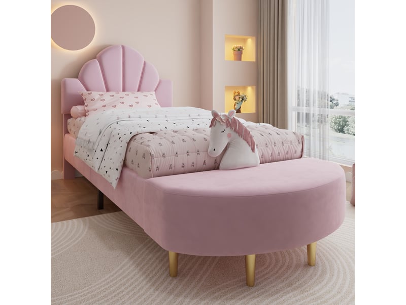  Lit simple 90×200 cm tête de lit en velours et banquette  - sans matelas, velours - rose  - Conforama C
