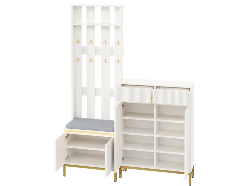  Vestiaire d'entrée blanc avec banc, rangement chaussures, crochets et led bluetooth pilotée par application  - Conforama A