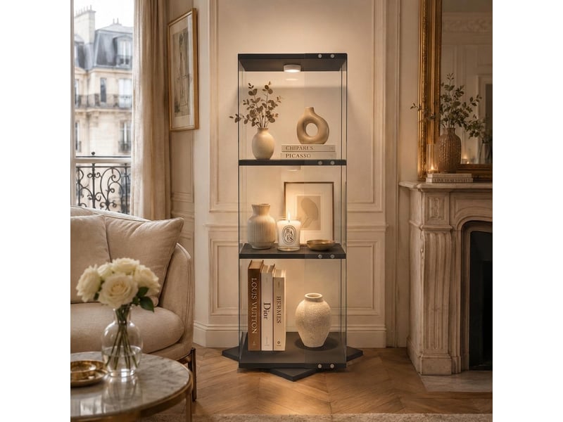  Vitrine d'exposition rotative 360° en verre 3 niveaux 121 cm avec spot led rgb, anti-basculement, verre trempé et bois, noir  - Conforama C