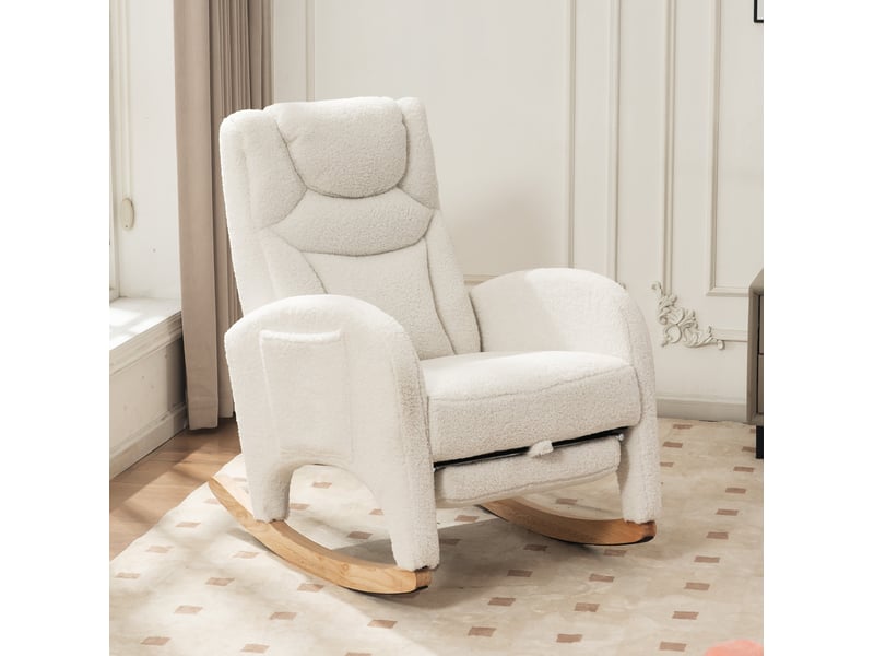 Fauteuil à bascule avec repose-pieds pliable appui-tête et dossier ergonomique rembourré en tissu teddy blanc - Conforama C