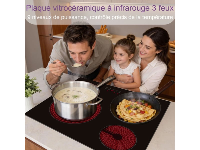  Table de cuisson vitroceramique 3 zones triple anneau 5700w encastrable commande tactile 9 niveaux minuteur 99 min  - Conforama C