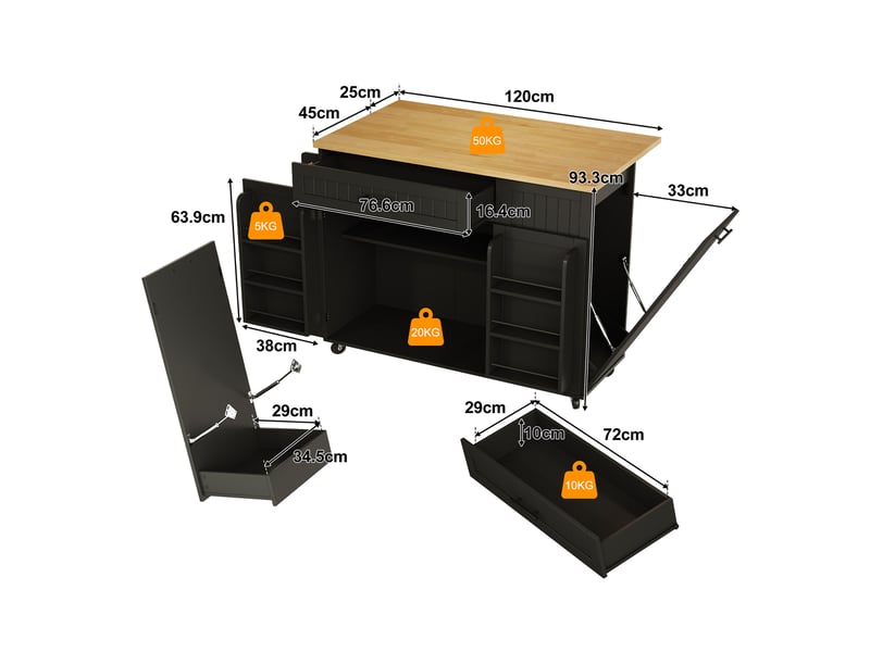 Îlot de cuisine mobile avec plan de travail pliable, chariot, armoire de rangement, placard poubelle, étagère au-dessus de la porte, roues verrouillables, 130 × 45 (70) × 93 cm  - Conforama C