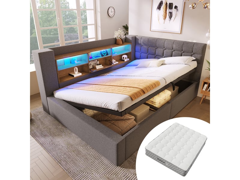  Lit coffre 140x200 cm avec matelas, tissu gris et led  - Conforama B