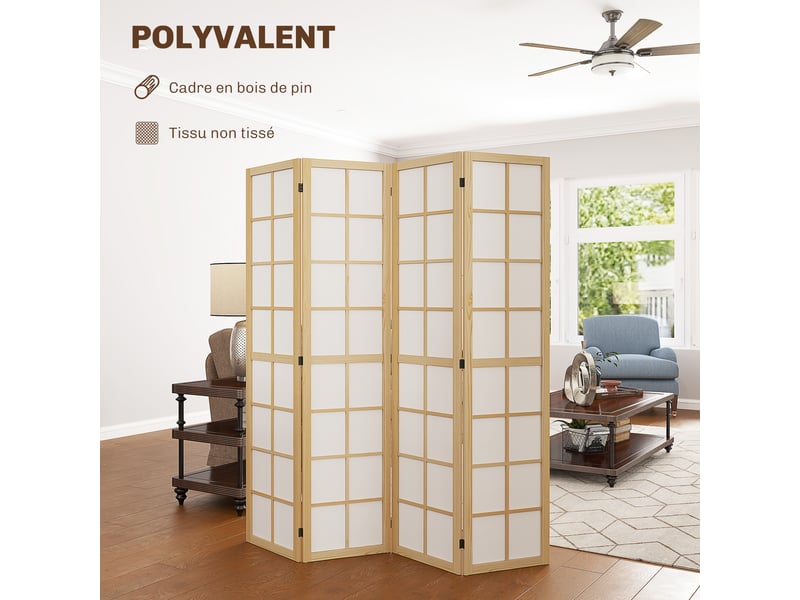  Paravent interieur pliable 4 panneaux 160 x 170 cm séparateur de pièce pour salon chambre à maison coucher, naturel  - Conforama D