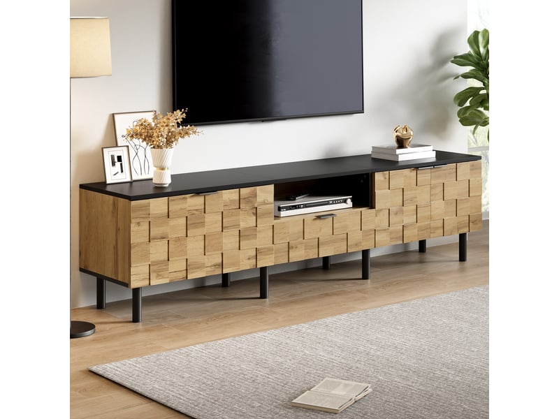  Meuble tv 170x35x44,5 cm, 2 portes, 1 tiroir, passe-câbles, façades texturées, pieds métal, grand rangement pour salon - naturel  - Conforama B
