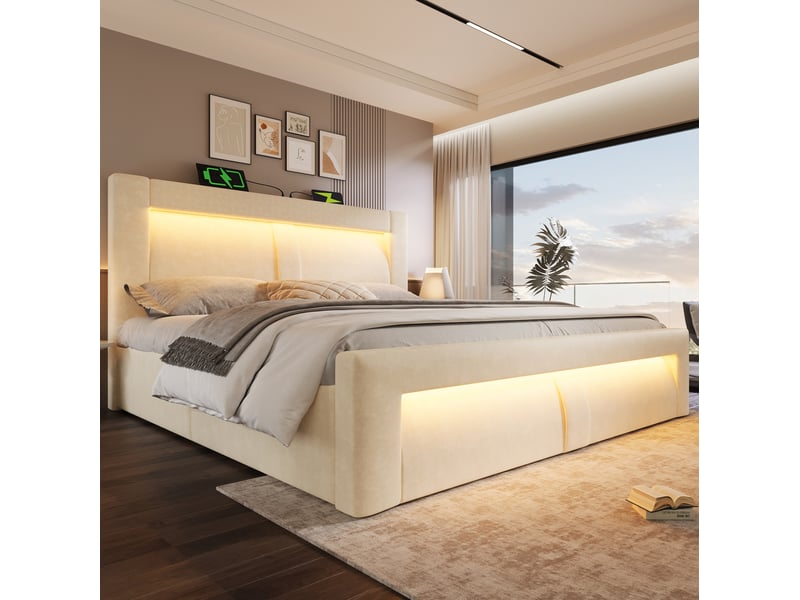  Lit double 140 x 200 cm beige en velours avec rangement hydraulique, led, ports usbtype-c et matelas  - Conforama D