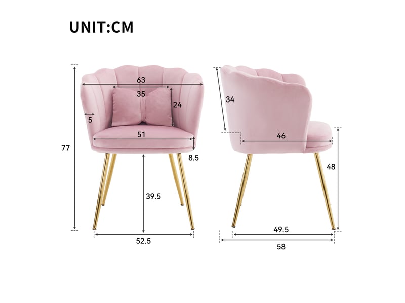  Lot de 2 chaises de salle à manger  ergonomique 58x63x77cm – avec pieds dorés - coussin papillon velours - rose  - Conforama C