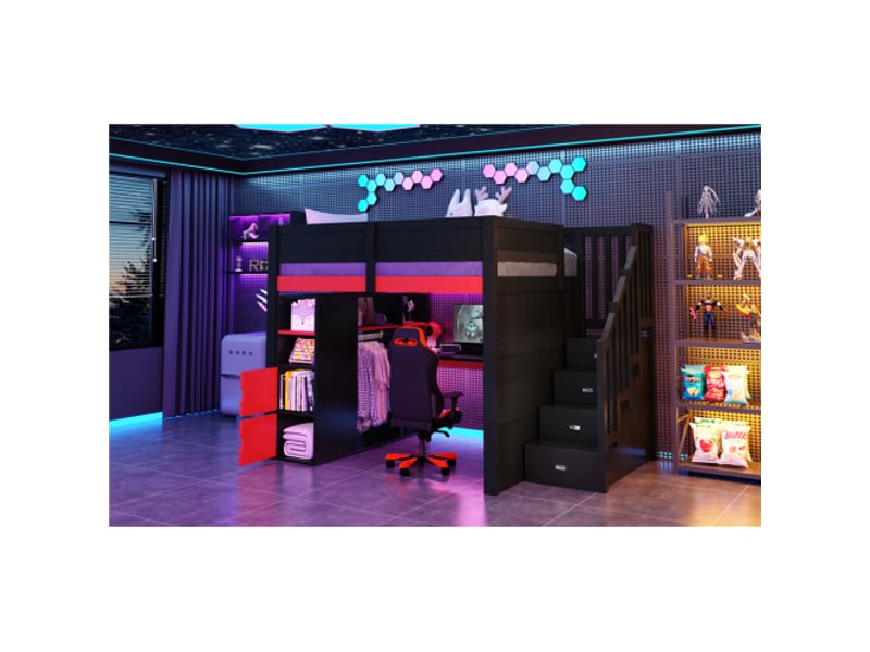  Lit surélevé 140x200 cm bois avec bureau, rangements, led usb et escalier noir, noir rouge  - Conforama W