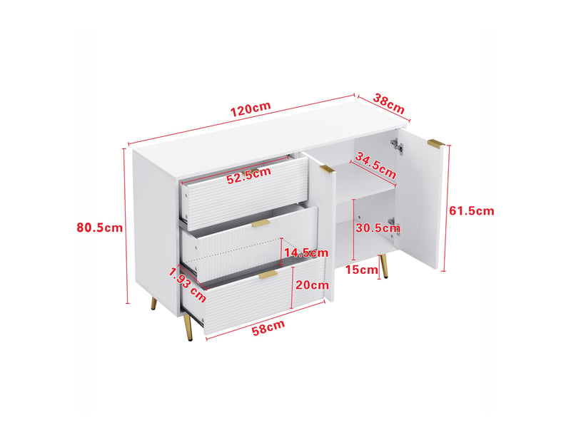  Buffet blanc, 3 tiroirs, 2 portes, rangement, design moderne, multifonctionnel, fonctionnel - mdf - 120x38x80.5cm  - Conforama E