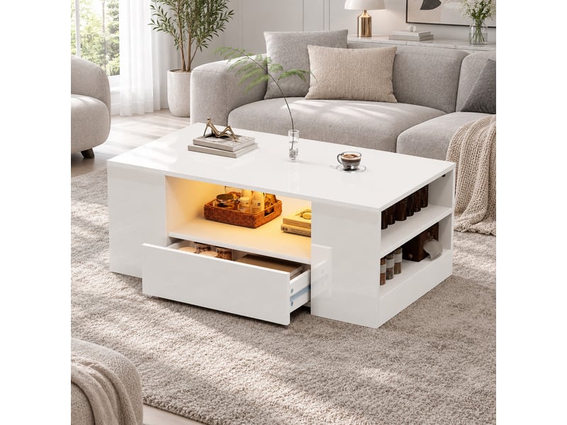  Table basse led blanc brillant 95x53x37 cm，avec 2 tiroirs et 2 niches, contrôle par application  - Conforama D