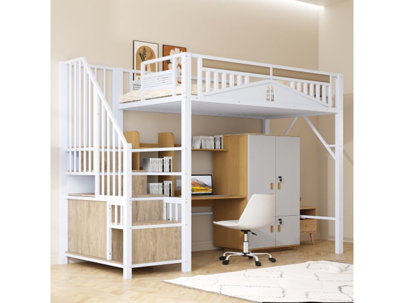  Lit mezzanine 90x200cm coloris blanc métal et bois lit enfant blanc - Conforama B