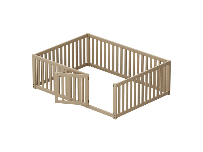  Lit enfant 140x200cm,lit double en bois massif avec barrière et porte,naturel lit enfant naturel - Conforama E