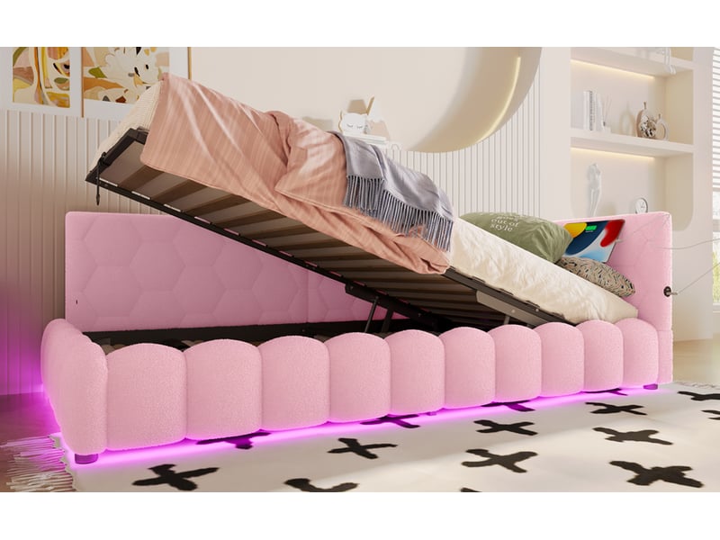  Lit banquette coffre 90x200 cm rose avec rangement hydraulique, led, usb et type-c  - Conforama W