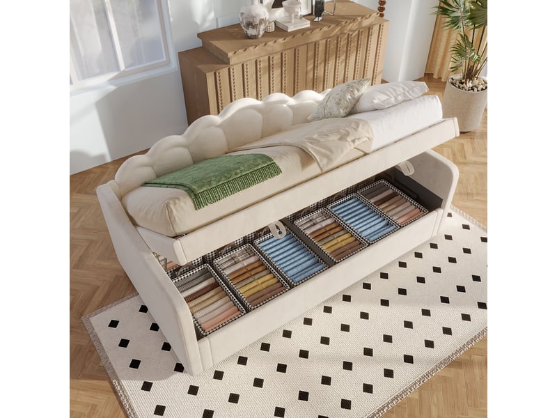 Lit banquette coffre rembourré 90x200 cm en velours avec rangement hydraulique, dossier ondulé, bande led multicolore télécommandée, beige - Conforama C