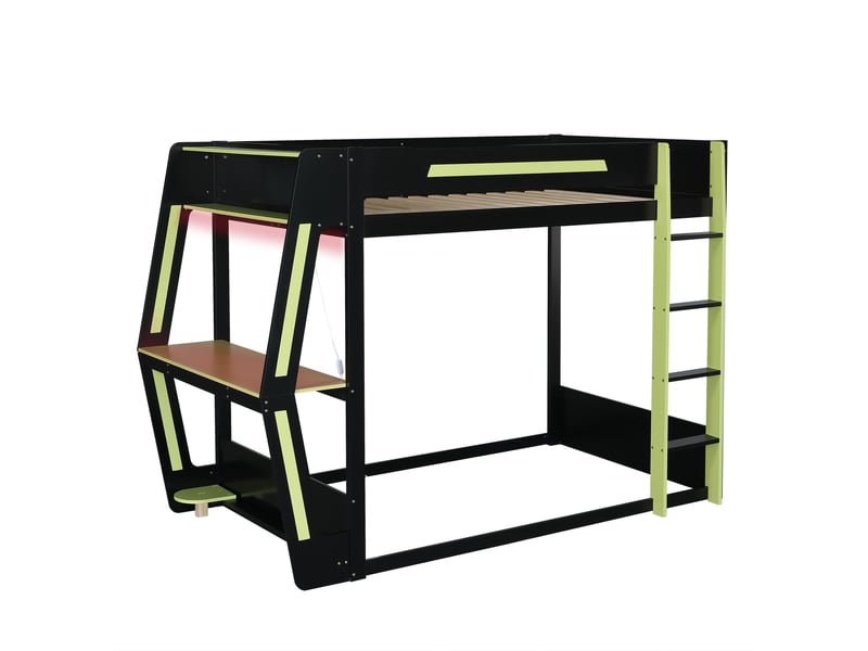  Lit mezzanine gaming 120 x 200 cm noir et vert en bois et mdf, bureau intégré, rangements et éclairage led  - Conforama D