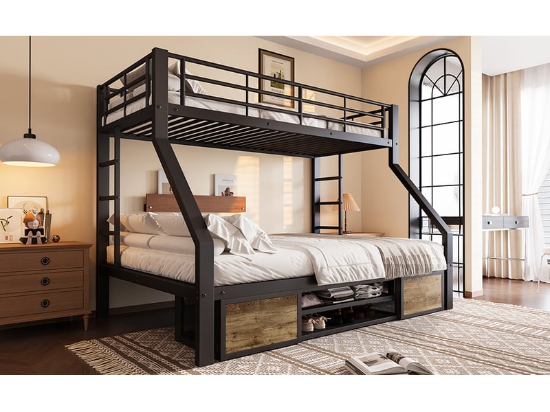  Lit superposé 90 × 200 et 140 × 200 cm, rangements, barrières latérales, échelle, noir  - Conforama B