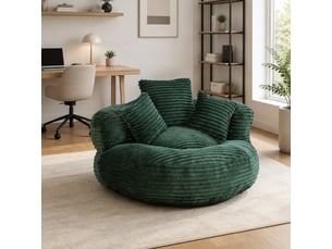 Fauteuil poire fixe 1 place en velours côtelé vert émeraude, avec 3 coussins, idéal pour se détendre chez vous