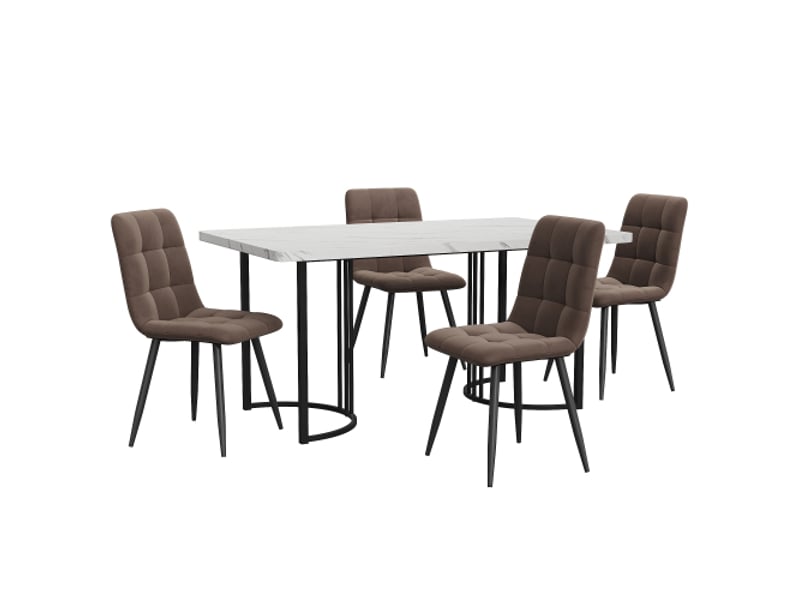 Ensemble salle à manger 5 pièces – table 140x80 cm, pieds métal noirs, plateau mdf blanc, 4 chaises velours brun - Conforama A