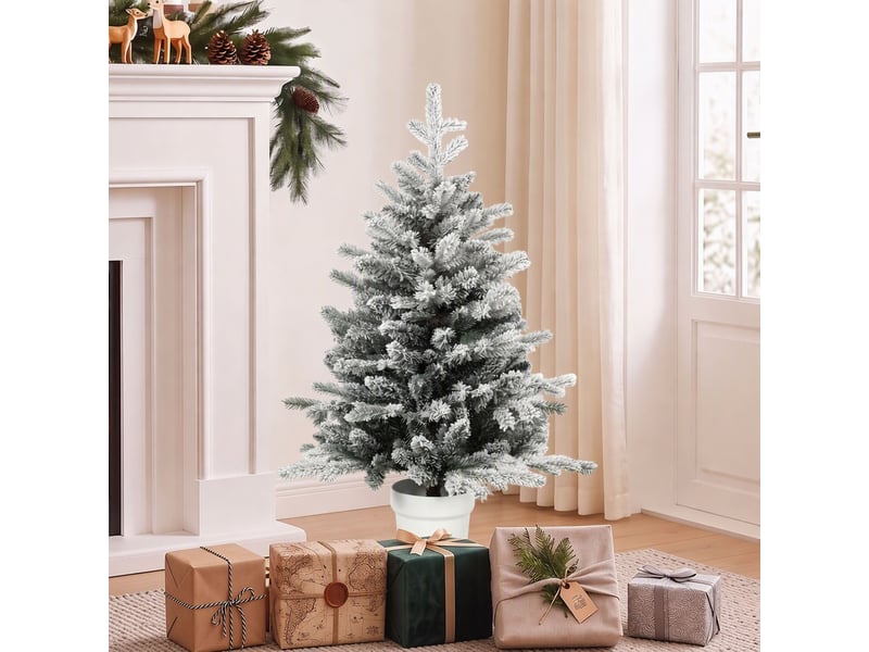  Mini sapin de noël de 90 cm avec 296 extrémités de branches, pot effet neige, mini sapin de table pour la maison ou le bureau, blanc  - Conforama B