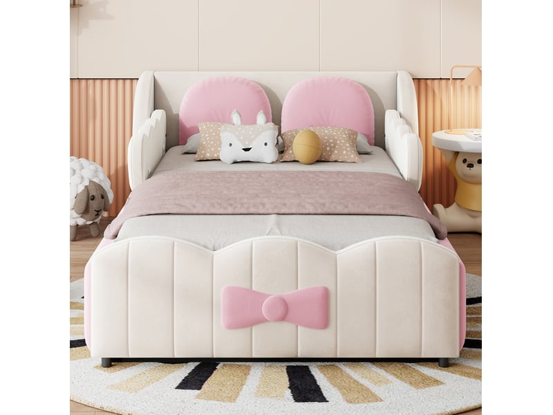  Lit coffre enfant 90x200 cm avec rangement hydraulique et 2 coussins décoratifs, beige et rose, sans matelas, velours  - Conforama D