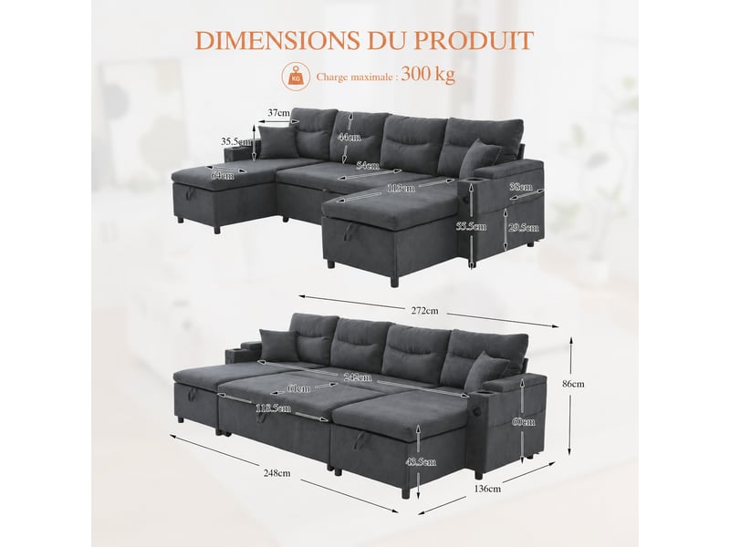  Canapé 4 places gris foncé 272 x 136 x 86 cm, double méridienne avec rangement, couchage, porte-gobelets et usb-c  - Conforama C