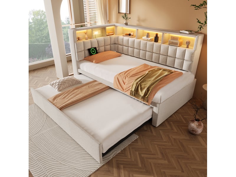  Lit gigogne 90x200 cm avec led et enceinte bluetooth en lin beige  - Conforama C