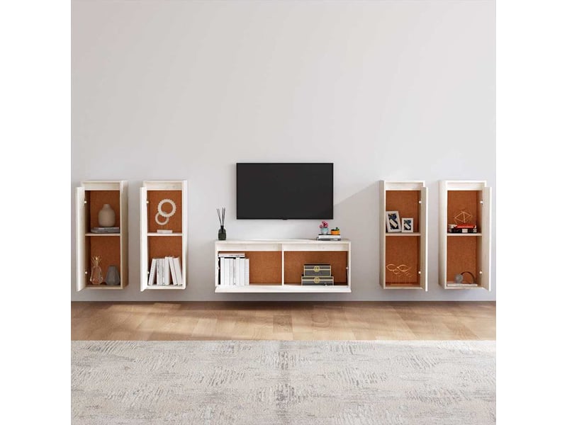  Lot de 5 meuble tv bas salon blanc bois massif de pin shl8511  - Conforama C