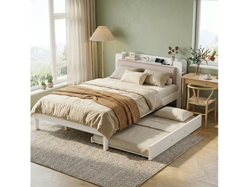 Lit avec couchage gigogne, 120x200 cm et 90x190 cm, rangement, tête de lit, matelas non inclus, bois, coloris blanc - Conforama B
