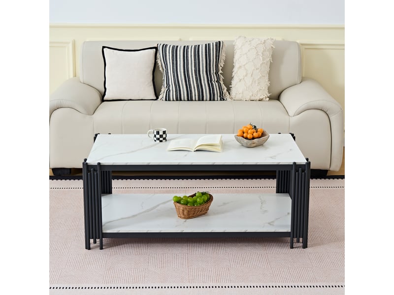  Table basse rectangulaire avec 2 étagères de rangement - lpospi - plateau effet marbre, pieds métal, mdf blanc et noir  - Conforama C