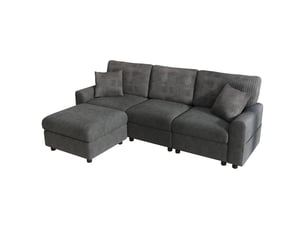 Canapé 4 places gris avec pouf - ports usb et type-c - l223cm - tissu chenille et velours côtelé