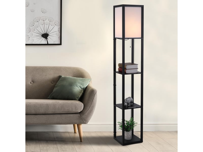  Lampadaire avec compartiments de rangement, lampe moderne en bois, ampoule e27, pour salon, chambre, bureau, noir  - Conforama C