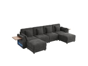 Canapé d’angle modulable ul gris, chenille, 2 poufs, led, tablettes d’accoudoir pliantes, 6 coussins