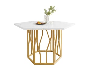 Table à manger hexagonale 115,5 x 100 cm en mdf marbré, blanc et doré